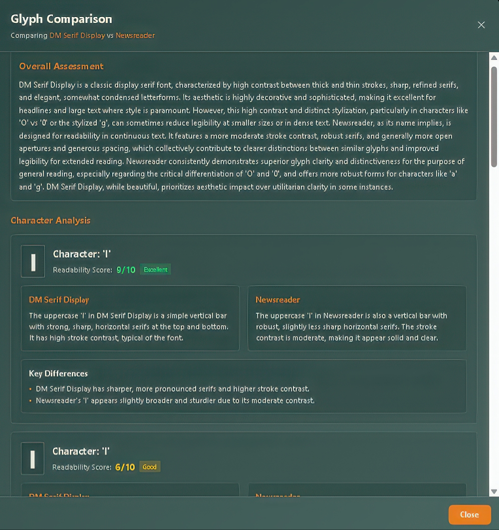 Detailed glyph comparison and analysis